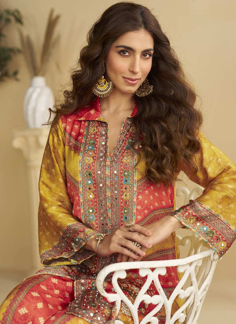 Vegaa Fashion Yellow Crepe Silk Emblissed Mirror Work Designer Cord Set - Swadesiicart