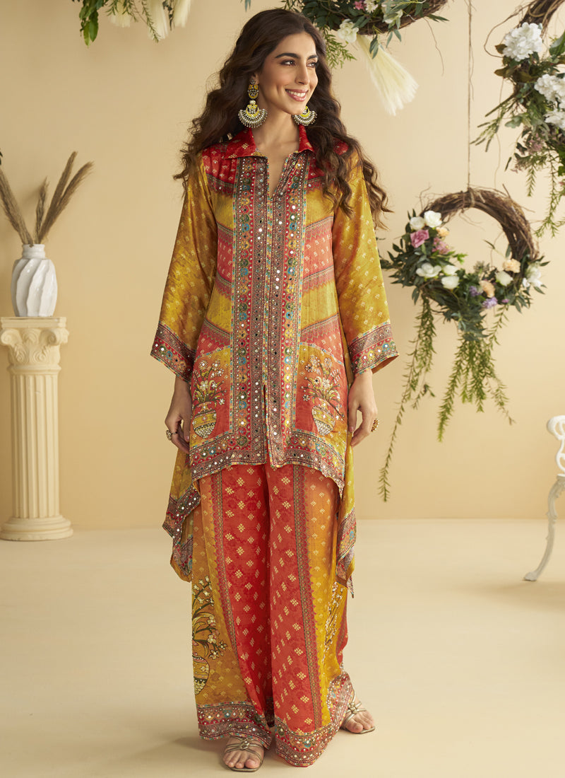 Vegaa Fashion Yellow Crepe Silk Emblissed Mirror Work Designer Cord Set - Swadesiicart
