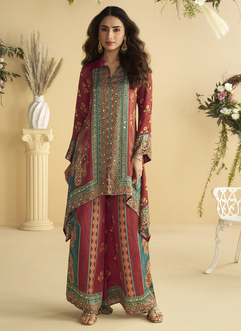 Vegaa Fashion Maroon Crepe Silk Emblissed Mirror Work Designer Cord Set - Swadesiicart