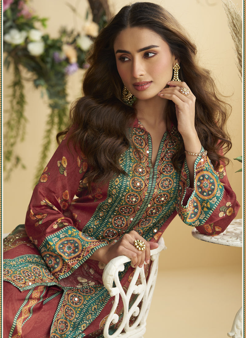 Vegaa Fashion Maroon Crepe Silk Emblissed Mirror Work Designer Cord Set - Swadesiicart