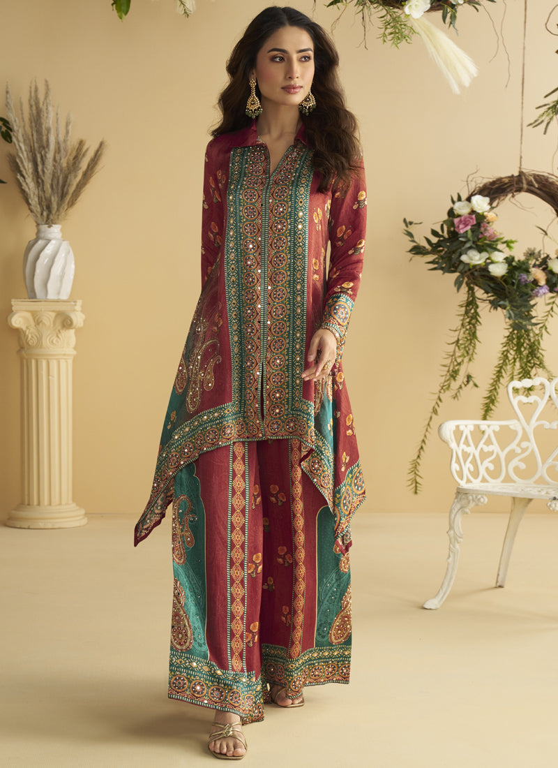 Vegaa Fashion Maroon Crepe Silk Emblissed Mirror Work Designer Cord Set - Swadesiicart