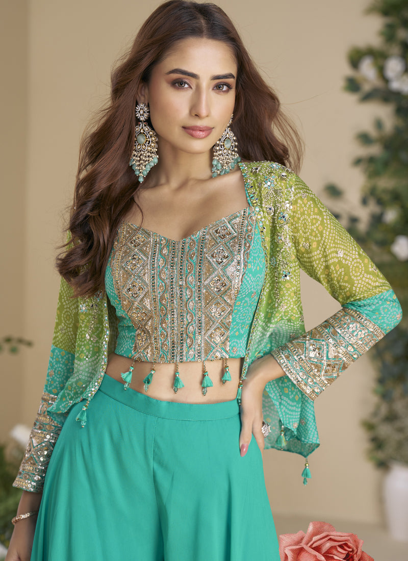Vegaa Fashion Turquoise Chinon Silk Embroidered Western Palazzo Suit - Swadesiicart