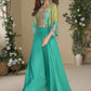 Vegaa Fashion Turquoise Chinon Silk Embroidered Western Palazzo Suit - Swadesiicart