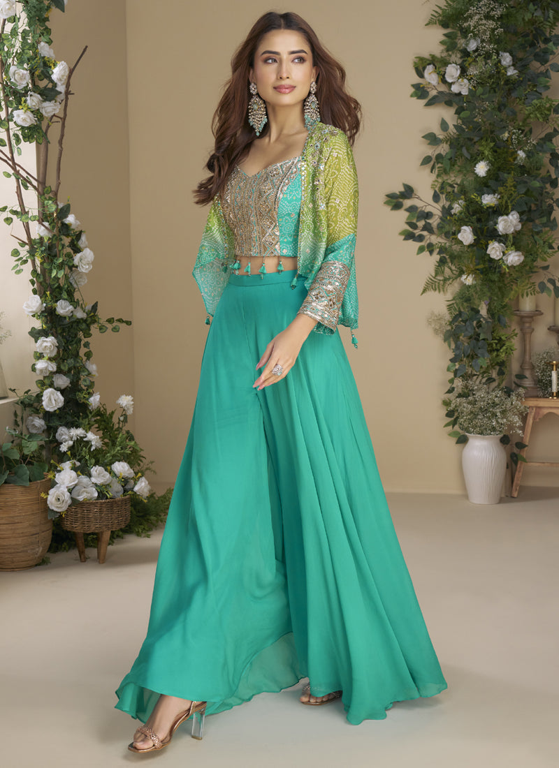 Vegaa Fashion Turquoise Chinon Silk Embroidered Western Palazzo Suit - Swadesiicart