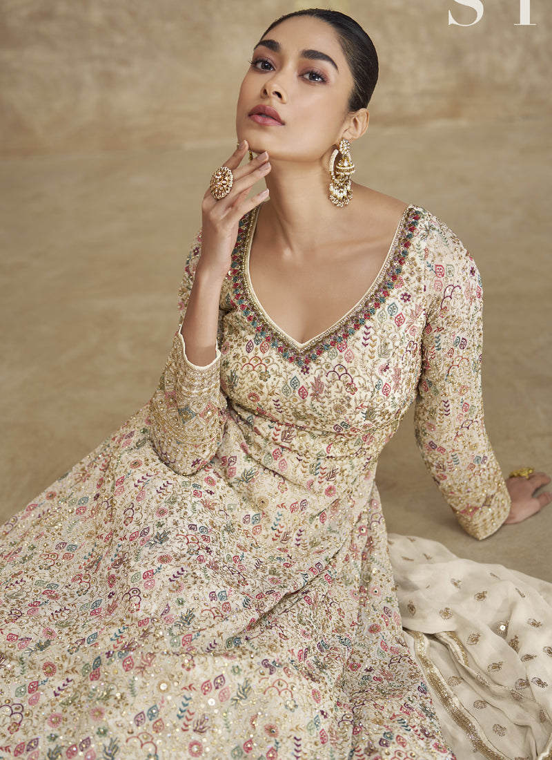 Vegaa Fashion Off White Real Georgette Embroidered Anarkali Suit - Swadesiicart