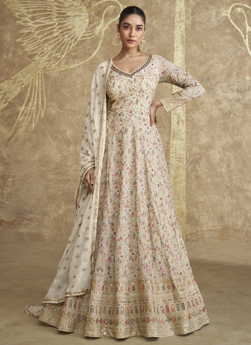 Vegaa Fashion Off White Real Georgette Embroidered Anarkali Suit - Swadesiicart