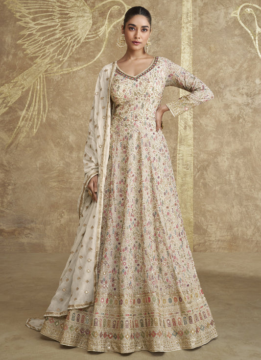 Vegaa Fashion Off White Real Georgette Embroidered Anarkali Suit - Swadesiicart