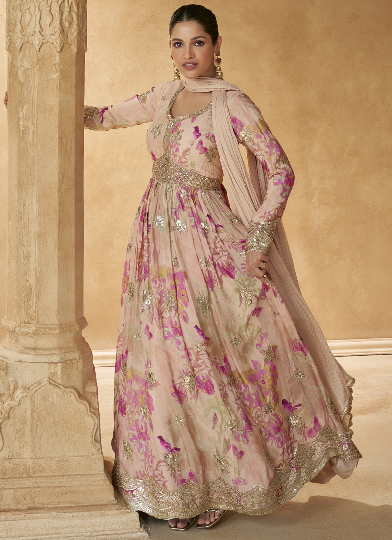 Vegaa Fashion Cream Real Chinon Silk Embroidered Anarkali Suit - Swadesiicart
