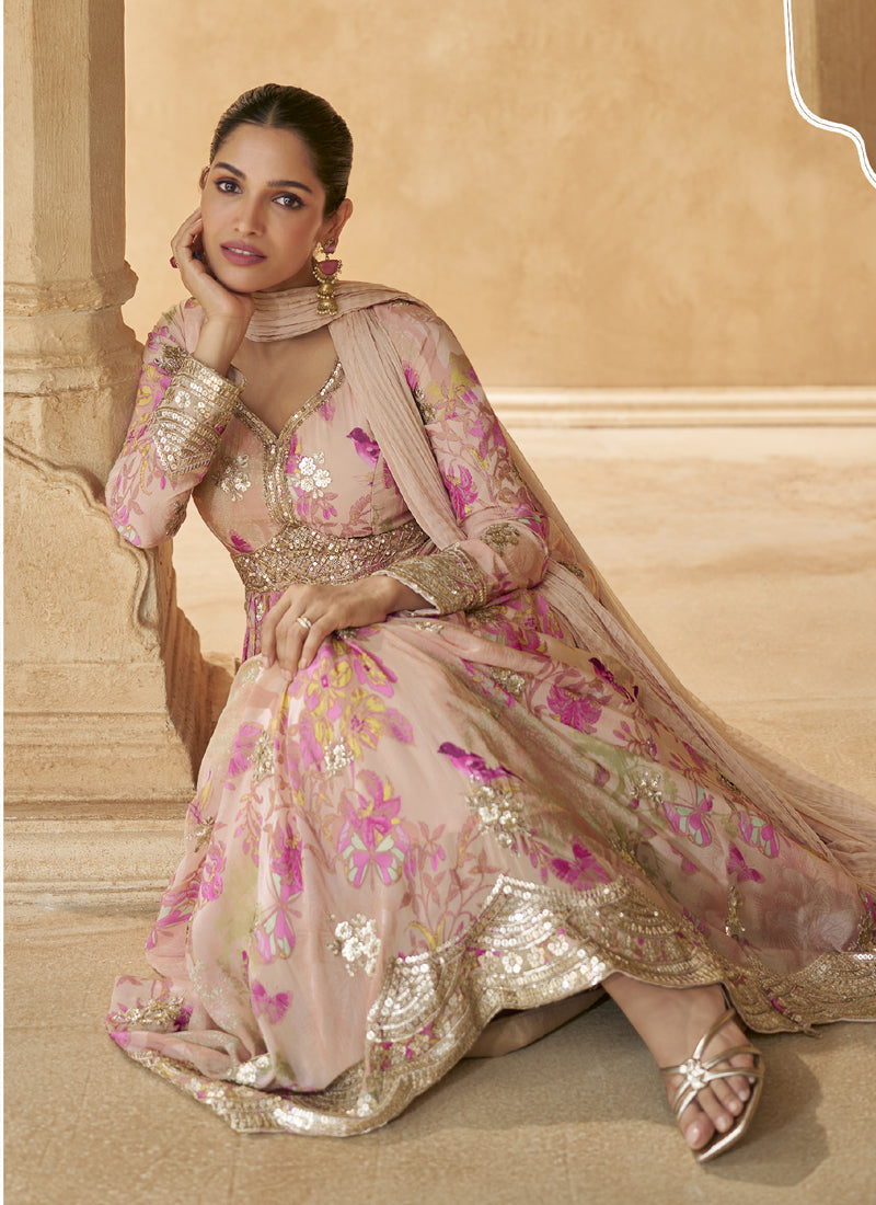 Vegaa Fashion Cream Real Chinon Silk Embroidered Anarkali Suit - Swadesiicart