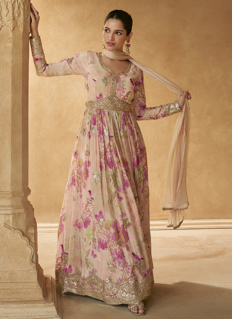 Vegaa Fashion Cream Real Chinon Silk Embroidered Anarkali Suit - Swadesiicart