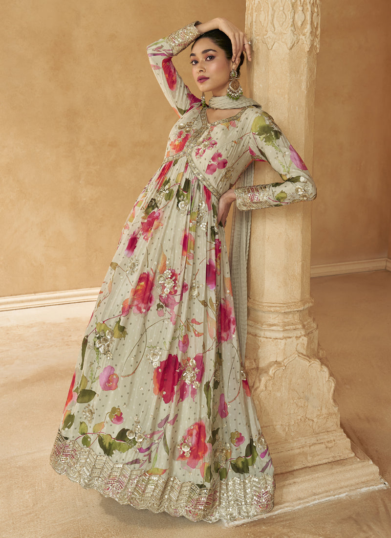 Vegaa Fashion Off White Real Chinon Silk Embroidered Anarkali Suit - Swadesiicart