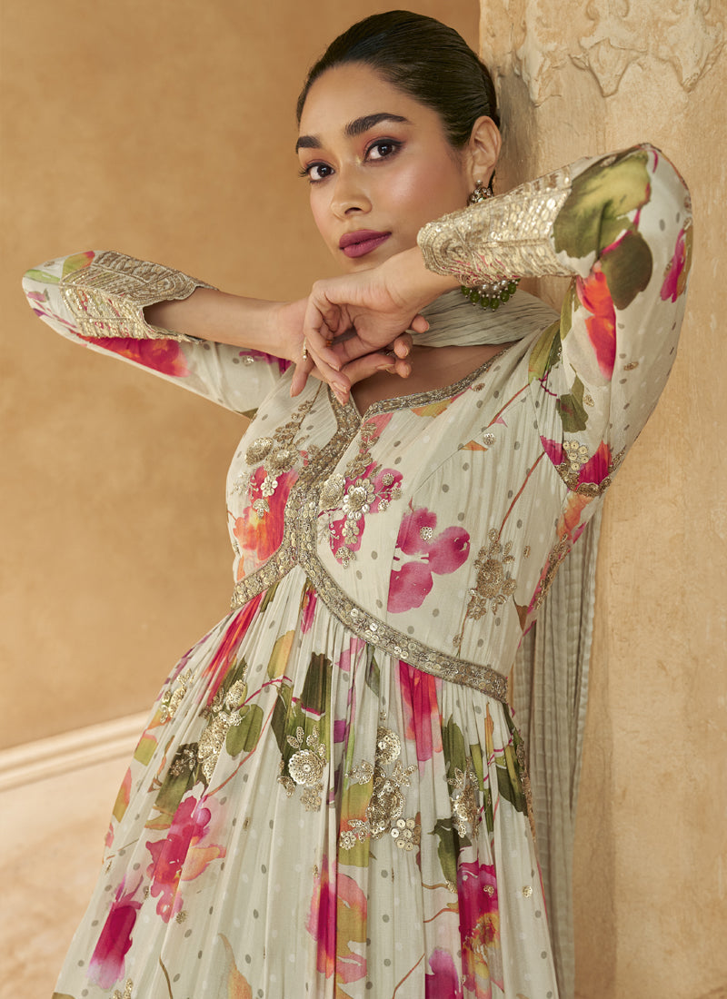 Vegaa Fashion Off White Real Chinon Silk Embroidered Anarkali Suit - Swadesiicart