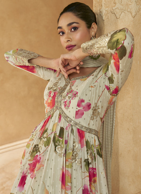 Vegaa Fashion Off White Real Chinon Silk Embroidered Anarkali Suit - Swadesiicart