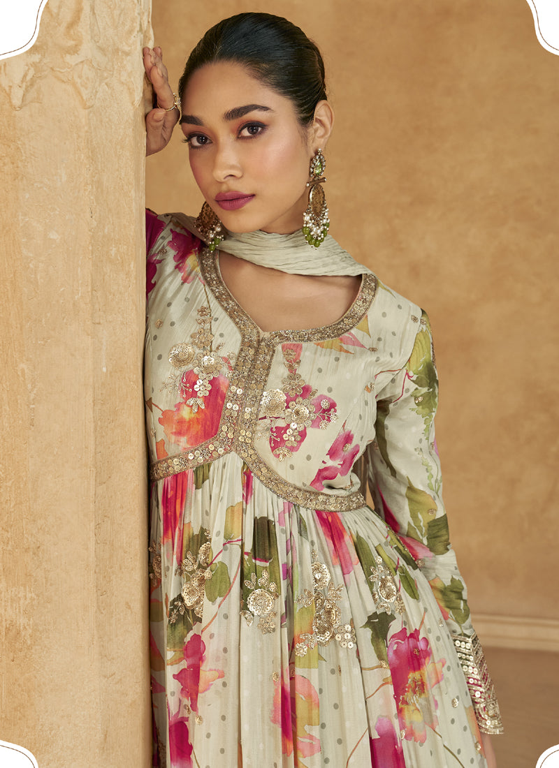 Vegaa Fashion Off White Real Chinon Silk Embroidered Anarkali Suit - Swadesiicart