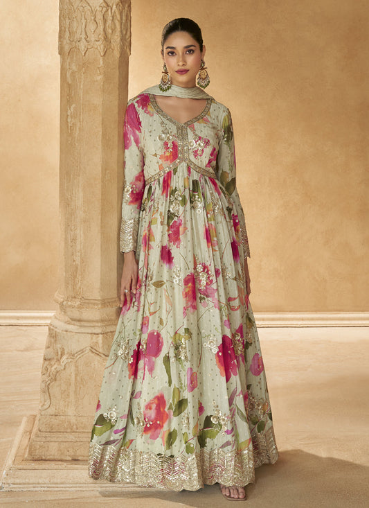 Vegaa Fashion Off White Real Chinon Silk Embroidered Anarkali Suit - Swadesiicart