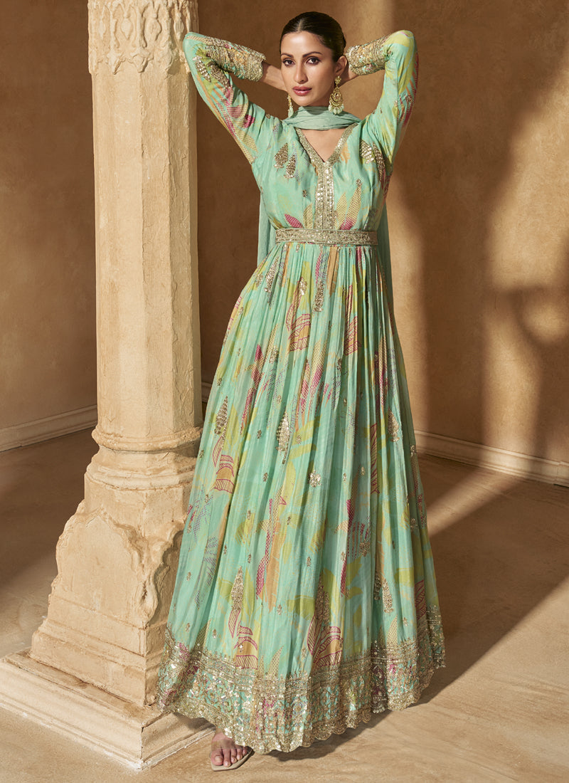 Vegaa Fashion Bottel Green Real Chinon Silk Embroidered Anarkali Suit - Swadesiicart