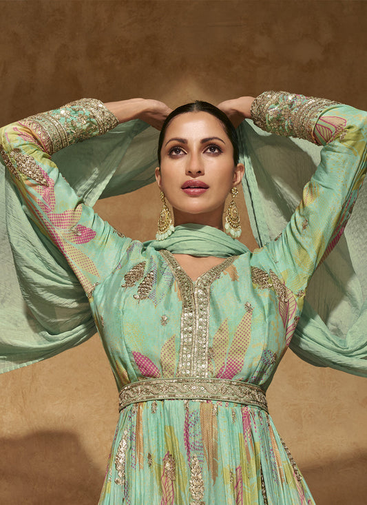 Vegaa Fashion Bottel Green Real Chinon Silk Embroidered Anarkali Suit - Swadesiicart