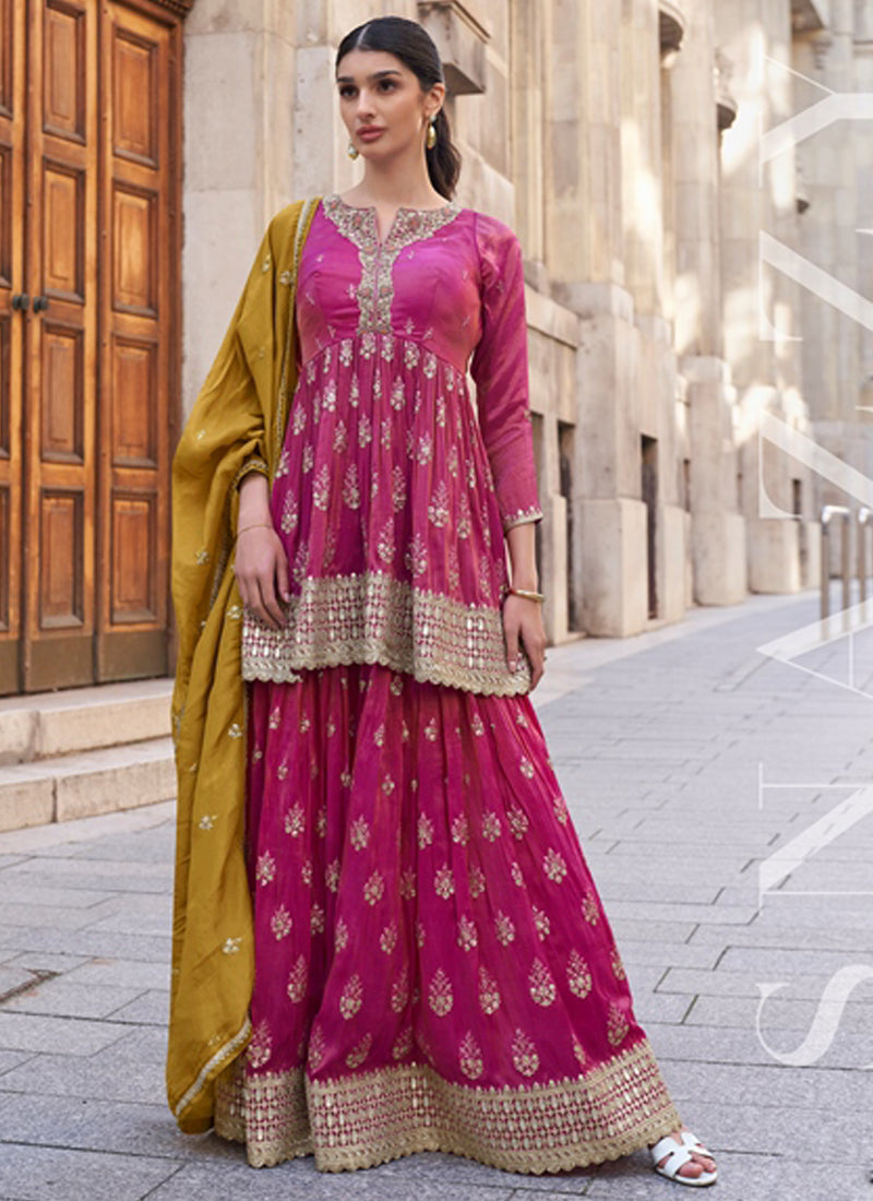 Vegaa Fashion Pink Silk Embroidered Palazzo Suit - Swadesiicart