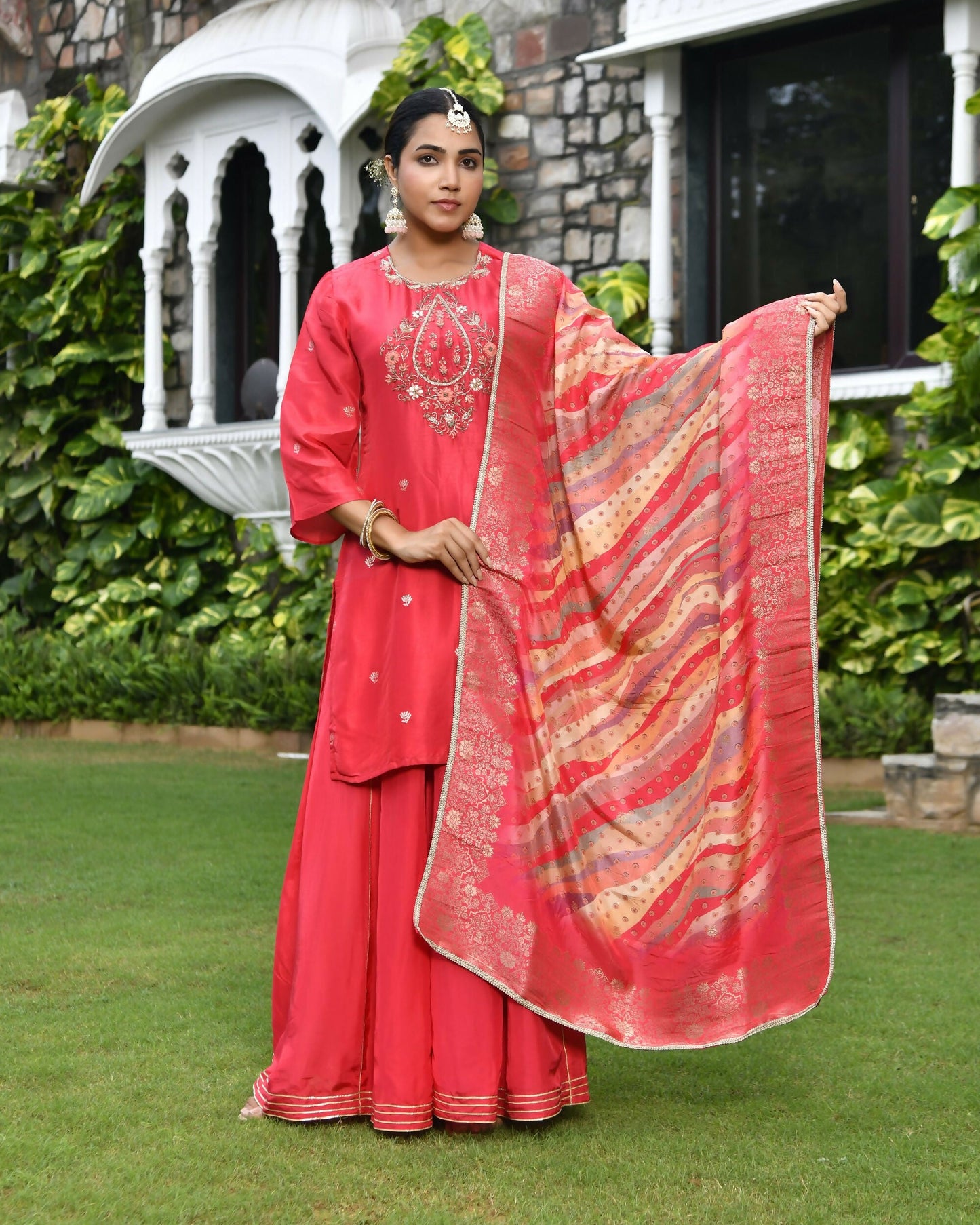 Vaasva Women's Silk Red Emboidered Solid Kurta, Sharara & Dupatta Set | Swadesiicart