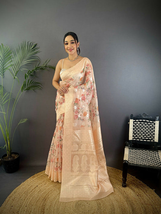 Joban Fashion Beige Floral Motifs Banarasi Silk Sarees | Swadesiicart