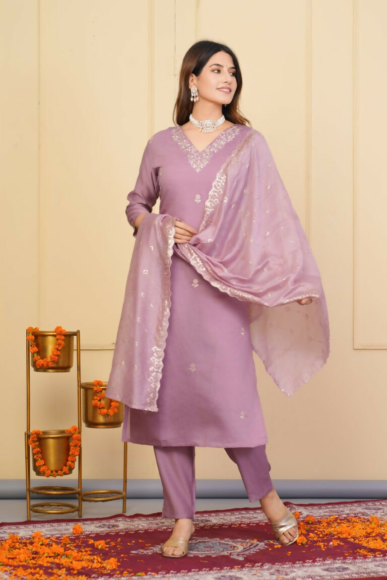 Wine Viscose Chanderi Embroidered Stitched Suit With Dupatta - Tanisha | Swadesiicart