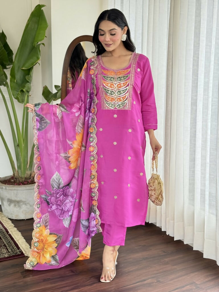 Light purple Viscose Chanderi Stitched Suit With Dupatta - Tanisha | Swadesiicart
