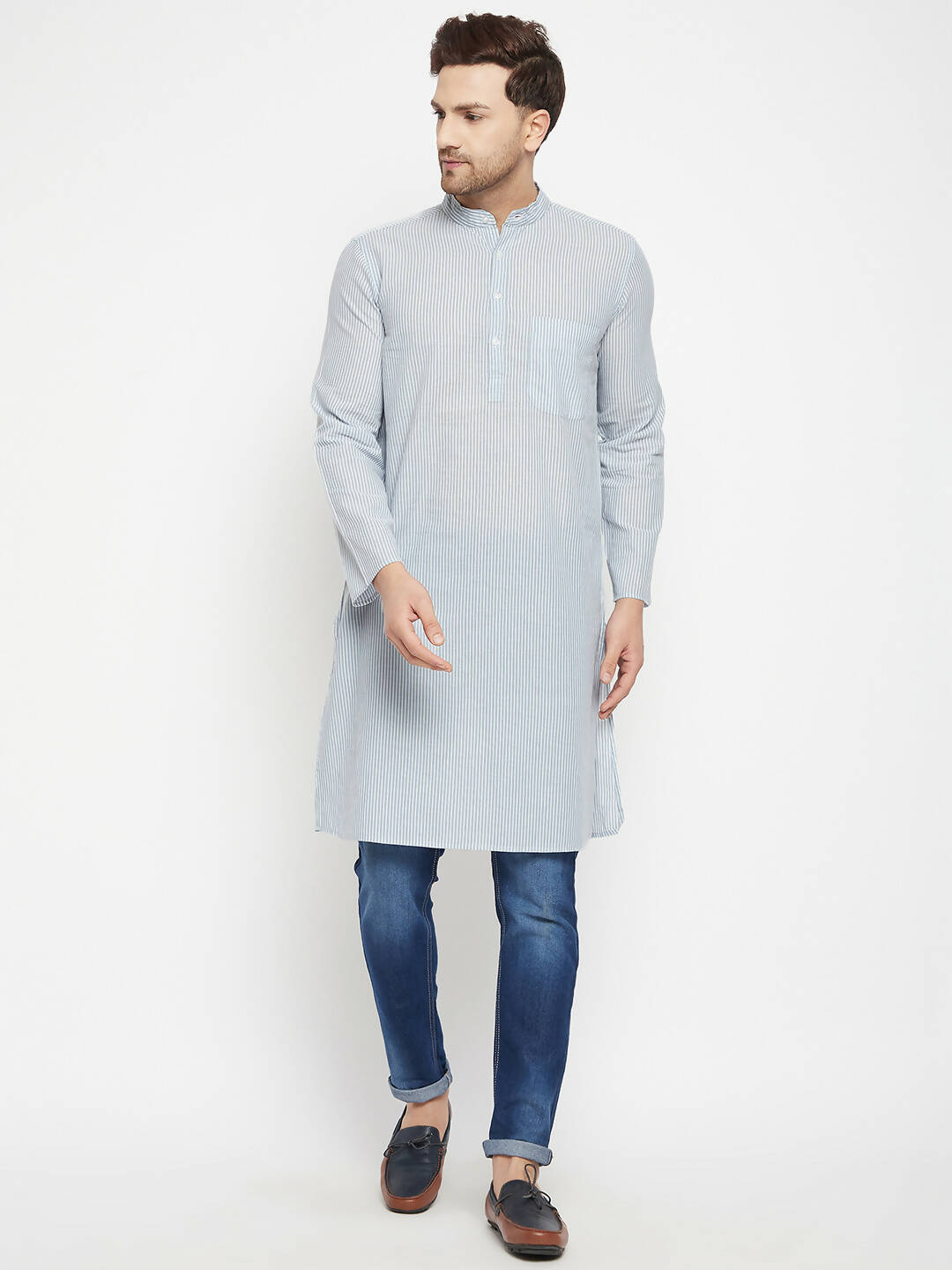 Even Apparels Grey Pure Cotton Men's Long Kurta With Band Collar | Swadesiicart