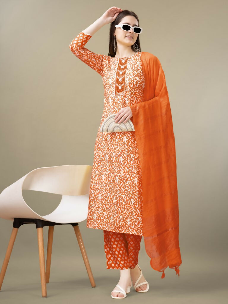 Jyoti Fashion Women's Orange Rayon Embroidery & Sequence work Kurta with Trouser & Dupatta | Swadesiicart