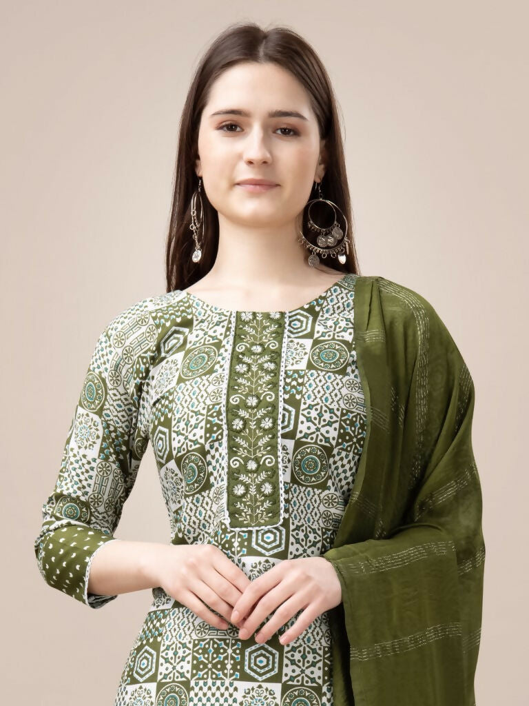 Jyoti Fashion Women's Mehendi Rayon Print with Embroidery & Fancy Lace Work Kurta with Trouser & Dupatta | Swadesiicart