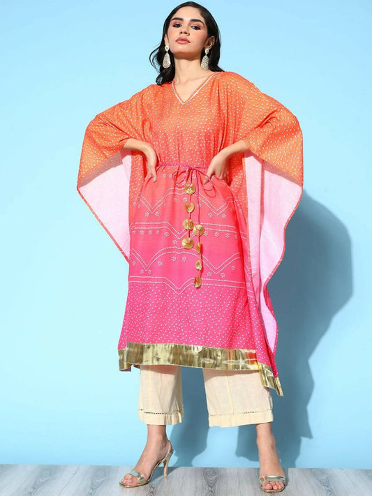 Ahalyaa Women's Orange Cotton Blend Printed Kaftan Kurta | Swadesiicart