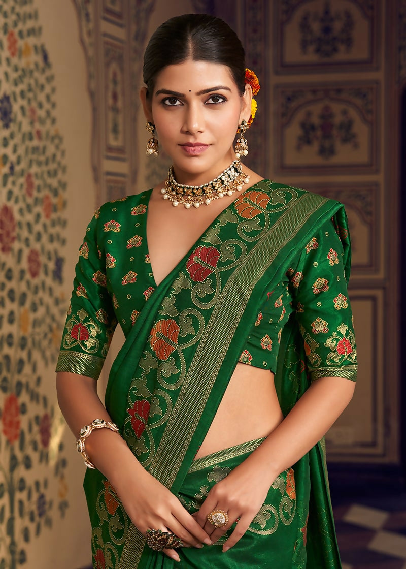 Monjolika Fashion Dark Green Silk Blend Banarasi Zari Work Classic Saree | Swadesiicart
