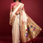 Vishnu Weaves Women's White Paithani Silk Zari Woven Saree with Unstitched Blouse - Swadesiicart