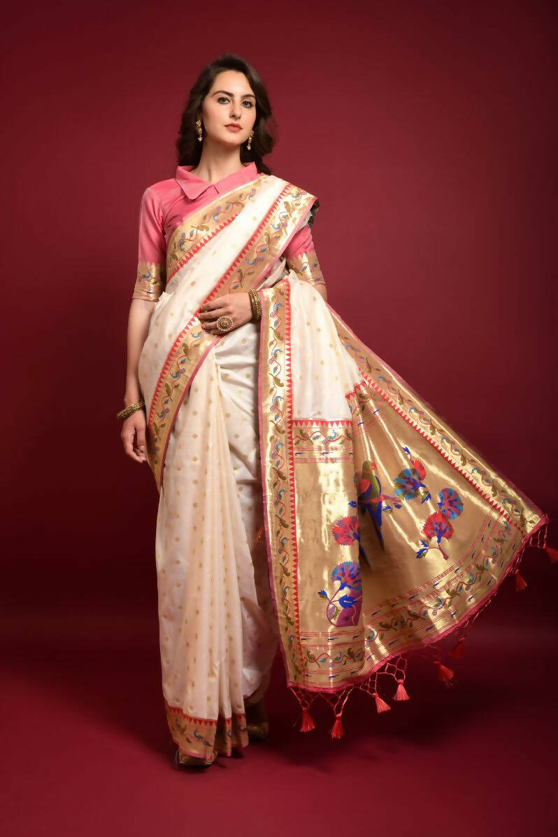 Vishnu Weaves Women's White Paithani Silk Zari Woven Saree with Unstitched Blouse - Swadesiicart