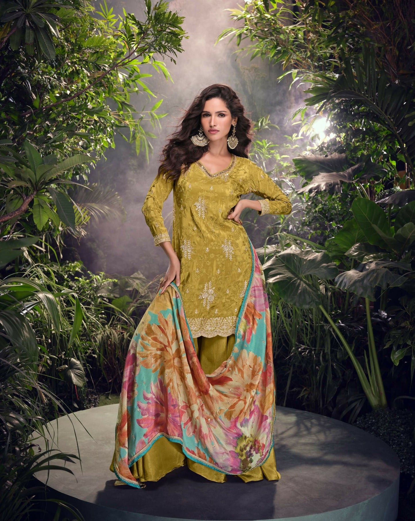 Anaita Mustard Embroidered Shimmer Stitched Plazo suit