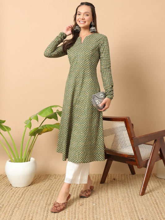 FIORRA Women's Floral Printed Red Cotton A-Line Kurta - Swadesiicart