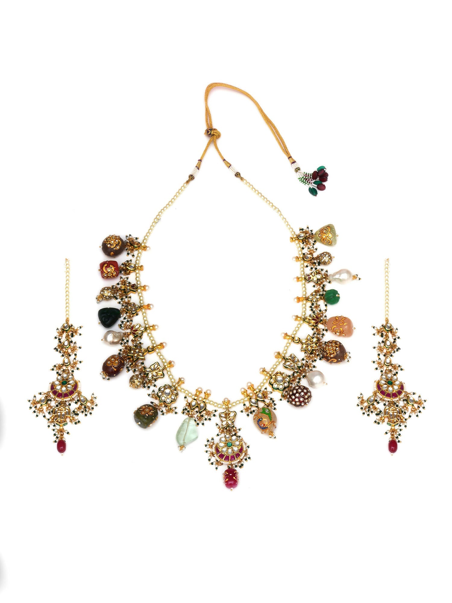 Long Kundan Neckpiece with Earrings with Multi Stones Jewellery Set (Gold) - Ruby Raang - Swadesiicart