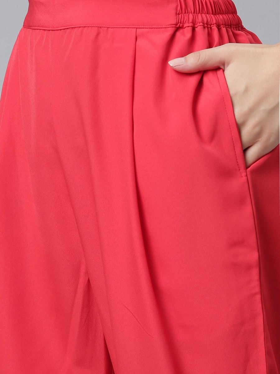 Ahalyaa Women Red Crepe Solid kurta Pant with Printed Jacket | Swadesiicart