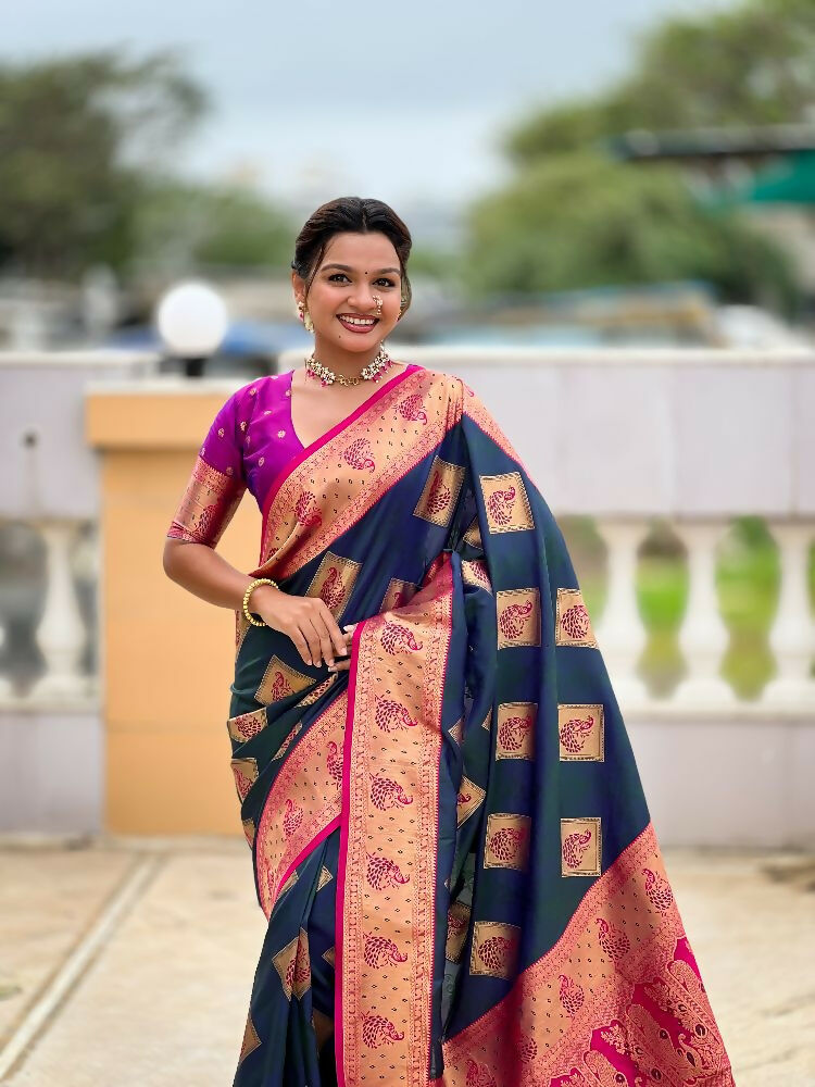 PR Fashion Morpich Soft Banarasi Silk With Zari Weaving Meenakari Design Saree | Swadesiicart