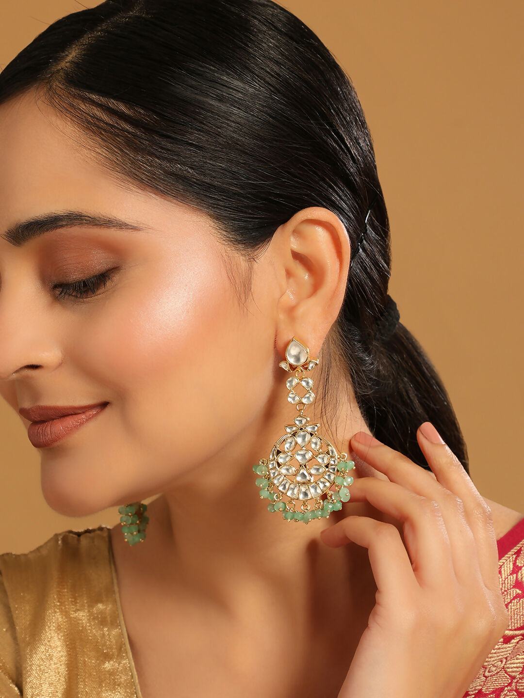 Nuyug 22K Gold Plated Regal Green Kundan Chandbali Earrings | Swadesiicart