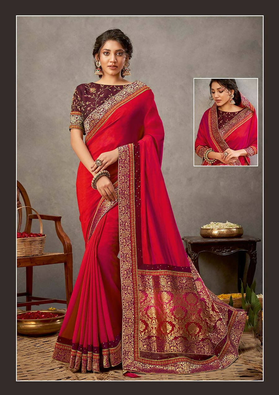 Pinkish-Purple Dual Tone Silk Georgette Thread, Zari And Cord Embroidery, Handwork Butta Saree - Norita Arinya | Swadesiicart