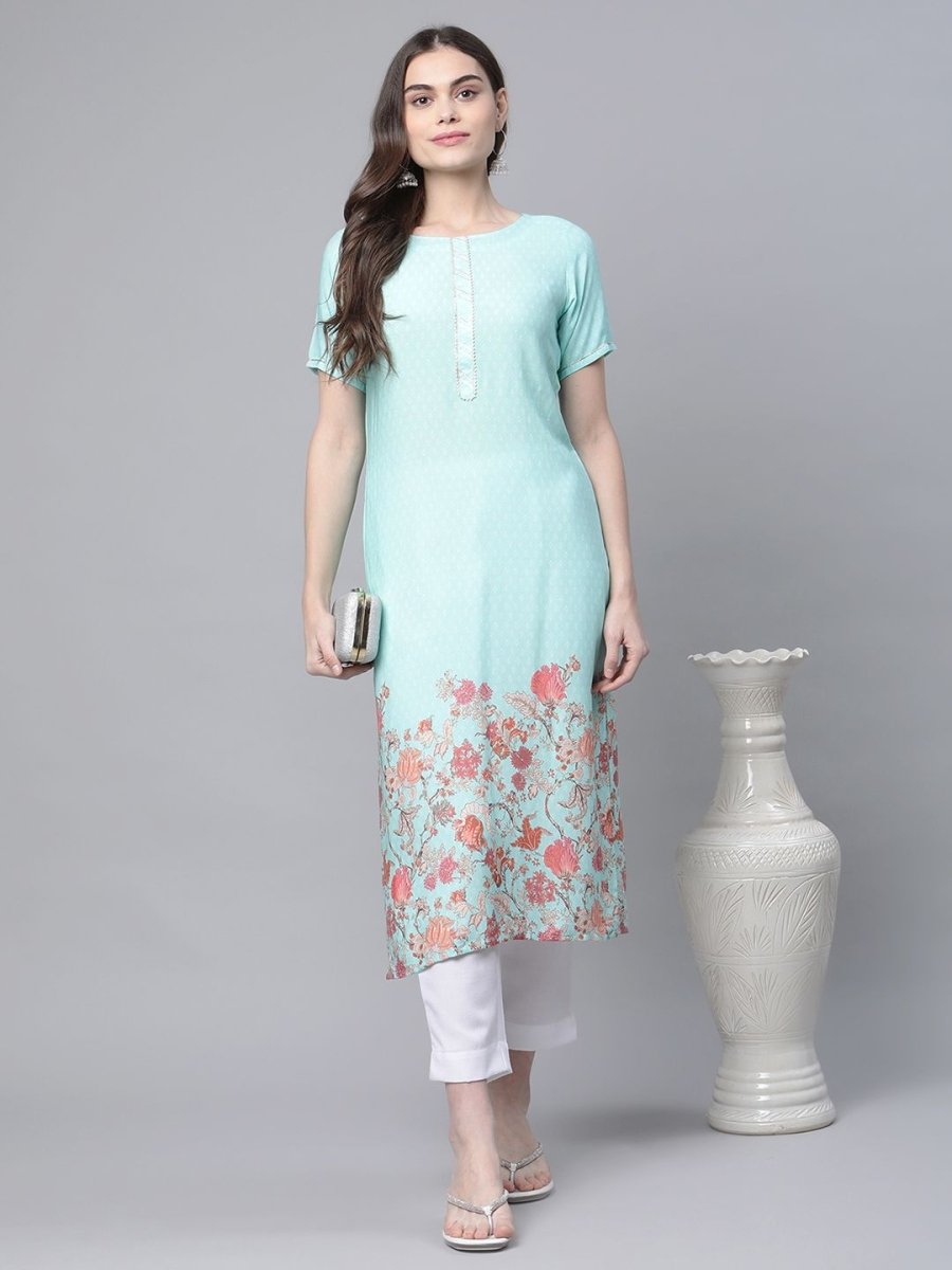 Ahalyaa Women Sky Blue Rayon Printed Kurta Pant Set | Swadesiicart