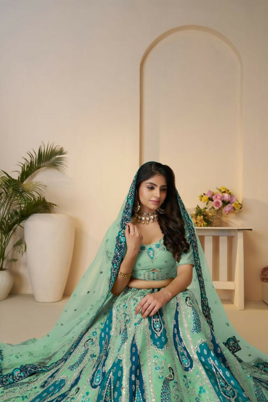 Kesar Fab Sky-Blue Banarasi Silk Embroidered Lehenga | Swadesiicart