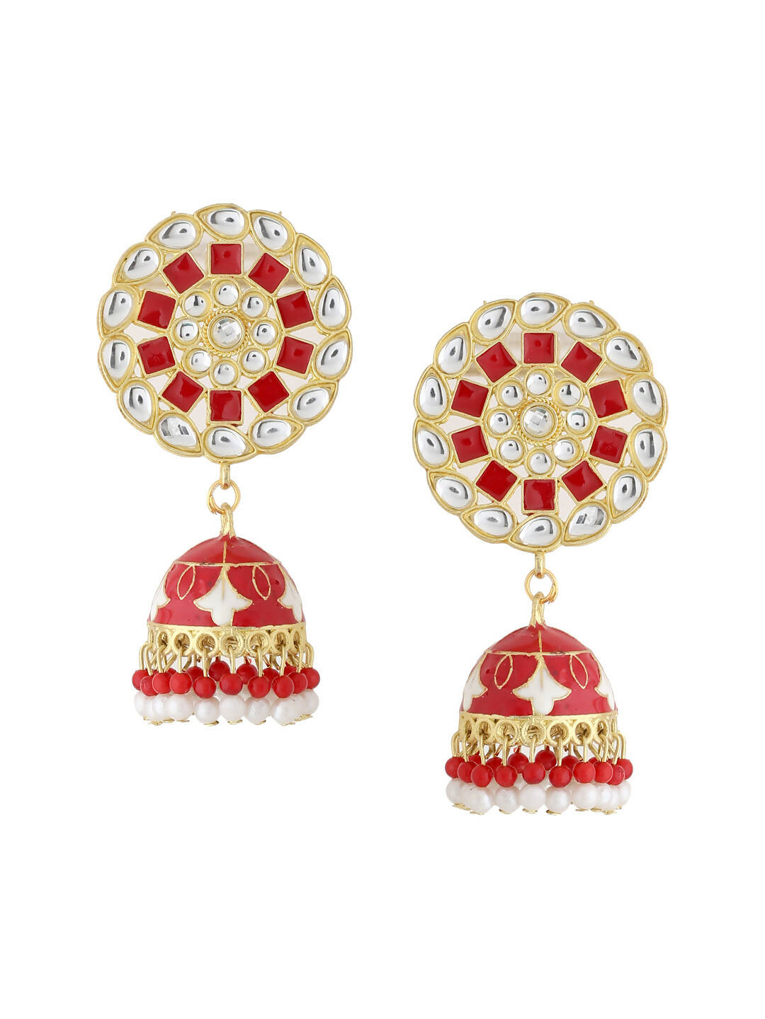 NVR Women Gold-Polished Red Dome Shaped Meenkari Jhumkas Earrings | Swadesiicart