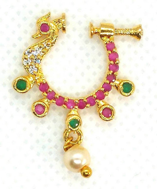 Pink & White AD Peacock Bridal Nose Ring | Swadesiicart