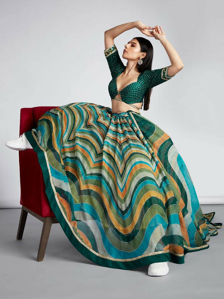 House of Panchhi Green Organza Siroski Stone Work Leheriya Print Lehenga Choli & Dupatta | Swadesiicart