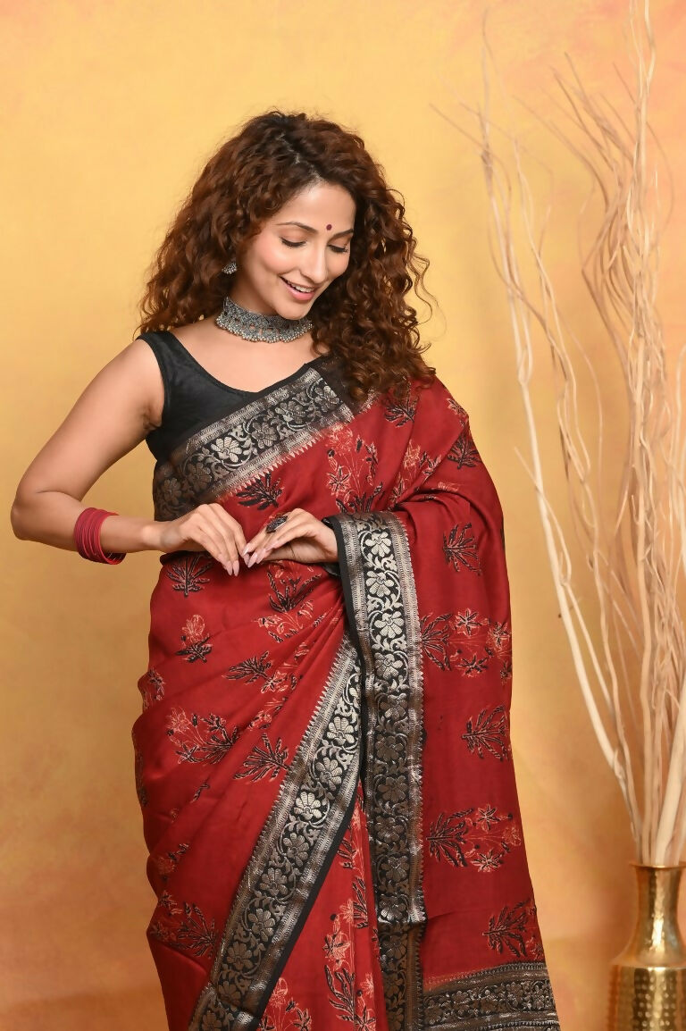 Very Much Indian Modal Silk Ajrakh Handblock Printed Natural Dyes With Designer Border Saree - Red | Swadesiicart