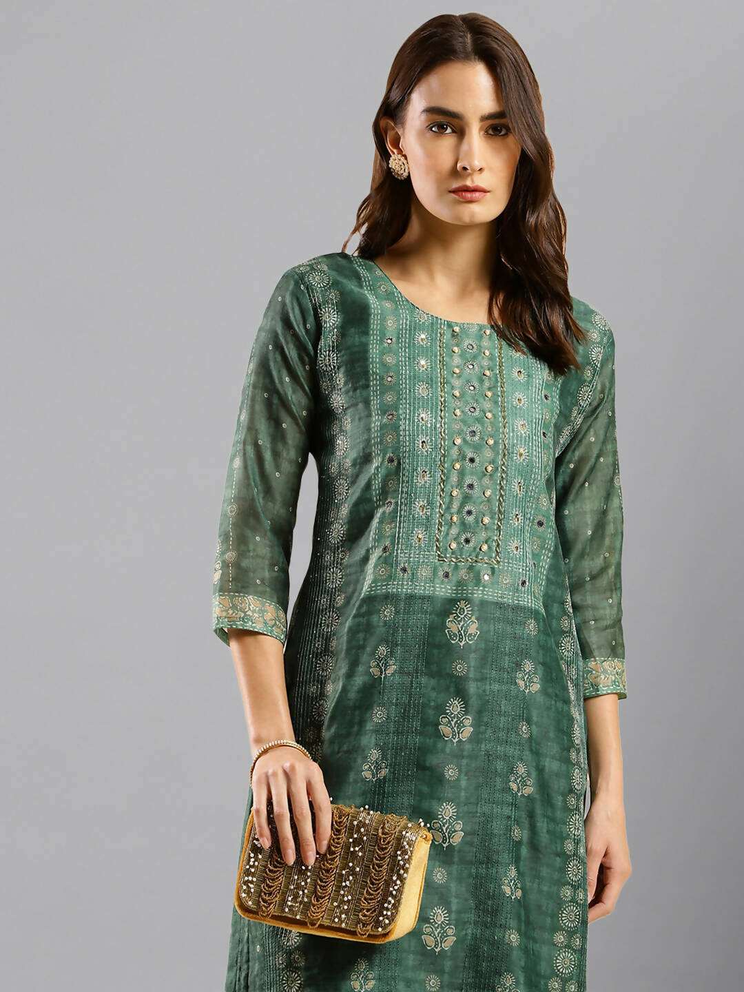 Sea Green Chinon Digital Printed With Hand Work Kurta - Himanshi - Swadesiicart