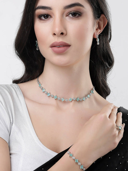NVR Women Silver Plated & Blue Cz Stone Handcrafted Jewellery Set - NR Retail-NVR