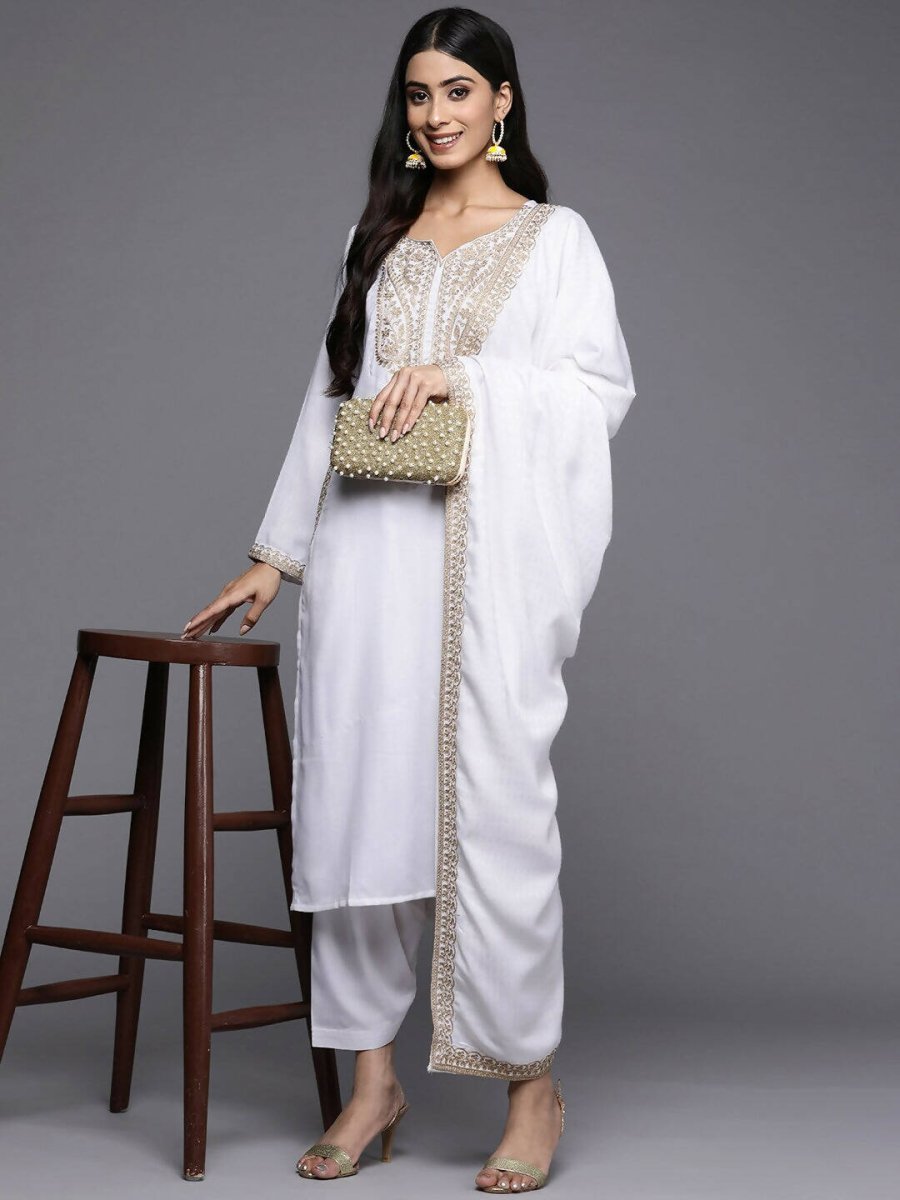 Ahalyaa Women White Ethnic Motifs Embroidered Aari Work Pashmina Kurta with Salwar & With Dupatta | Swadesiicart