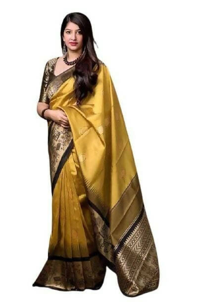 DEIANA'S Beautiful Designer Golden zari Soft Lichi Silk Saree - Yellow - Swadesiicart